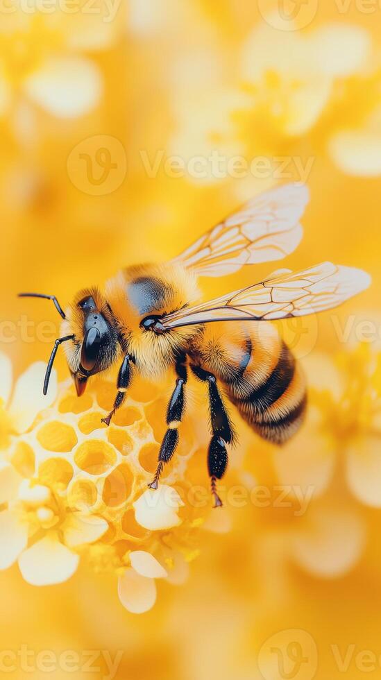 Close up of a honeybee on vibrant yellow flower collecting nectar in a sunlit garden photo