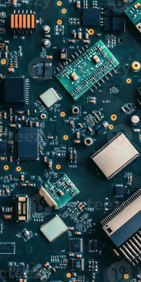 Close up of a circuit board with microchips and electronic components in a technological setup photo