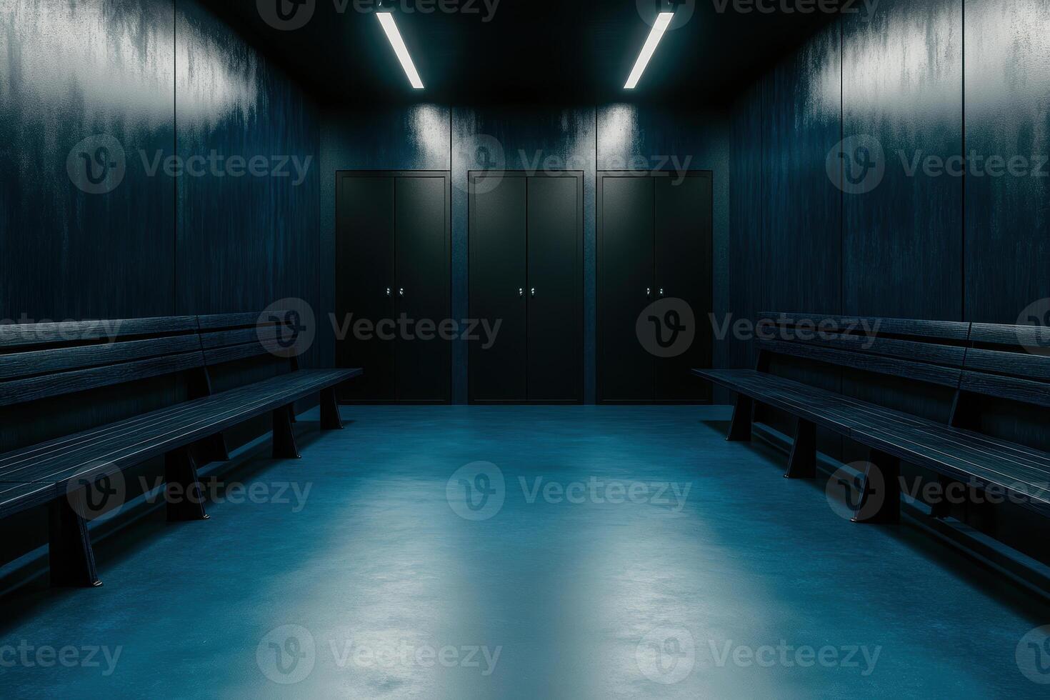 Moody hallway with two benches and closed doors under dramatic lighting in a dark, mysterious setting photo