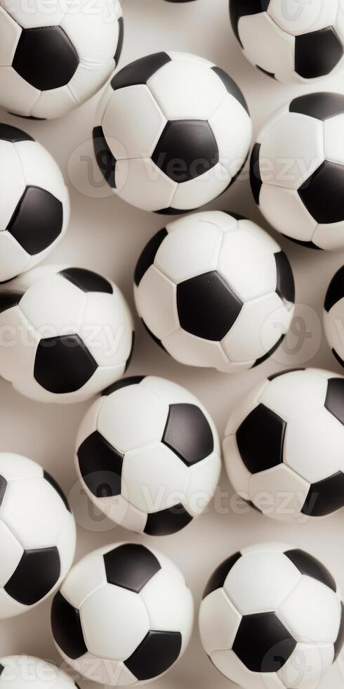 Multiple black and white soccer balls arranged tightly in a patterned formation photo