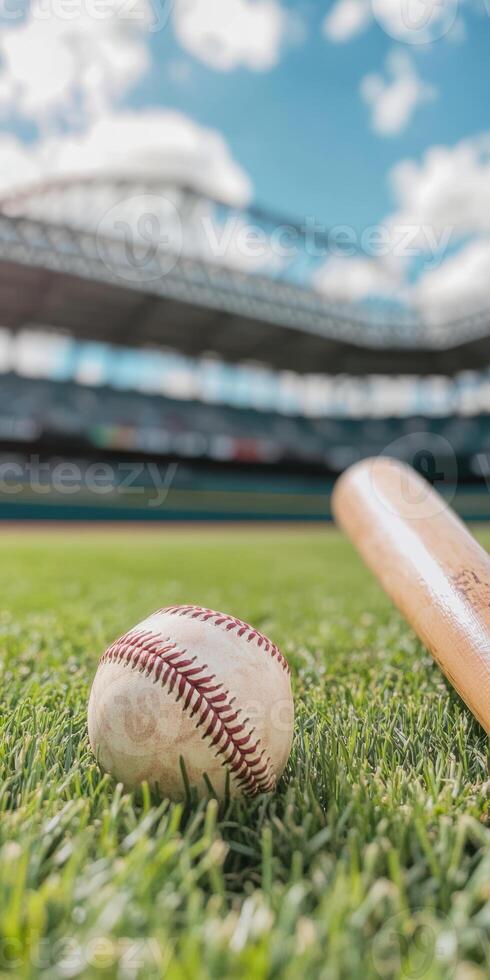 Baseball bat and ball on vibrant green grass in a sunny stadium photo