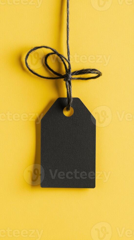 Minimalist black tag hanging on bright yellow background highlighting simplicity and contrast photo