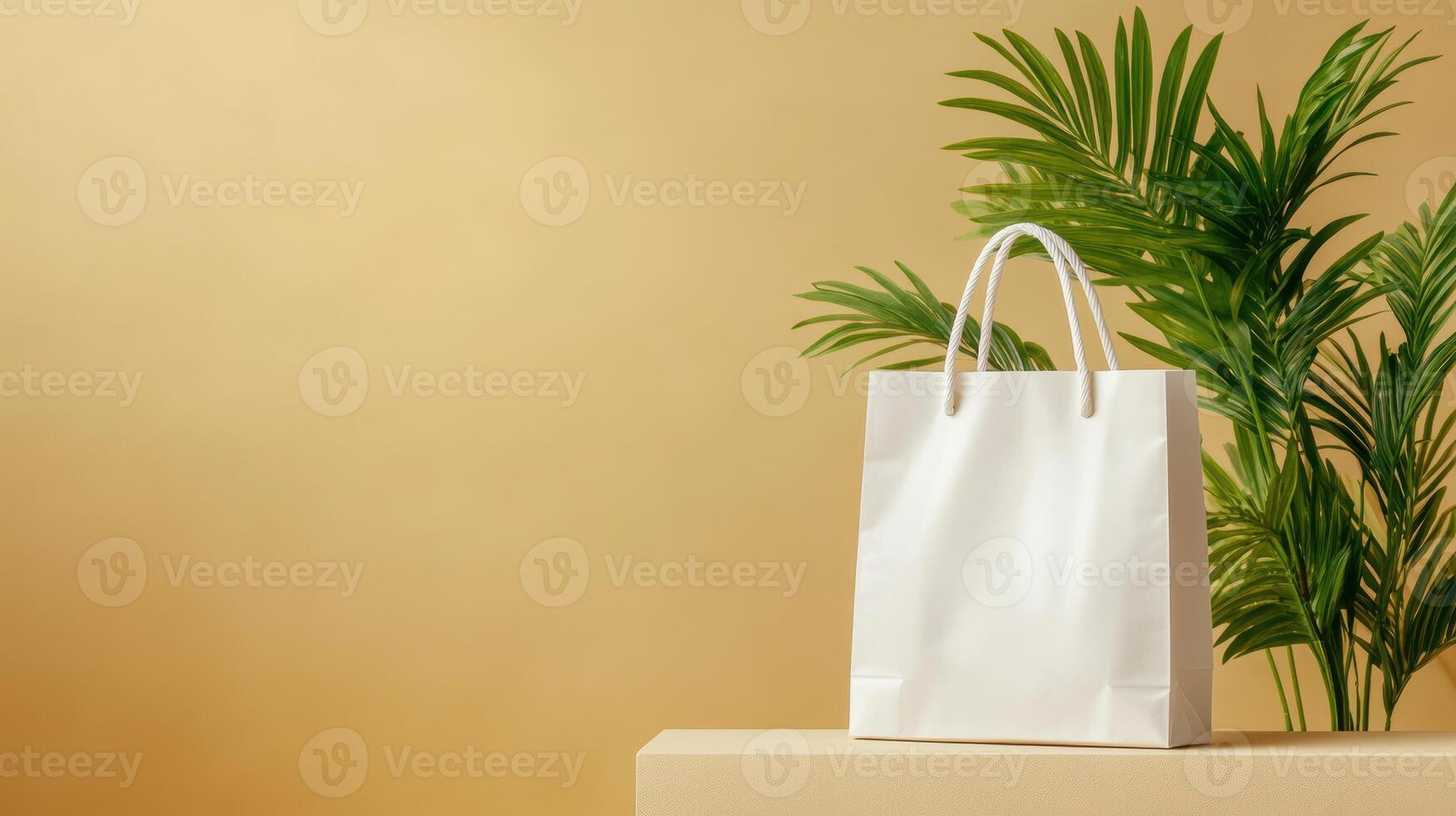 Elegant white shopping bag displayed against a gold background with lush green plant, showcasing modern retail and eco friendly trends photo