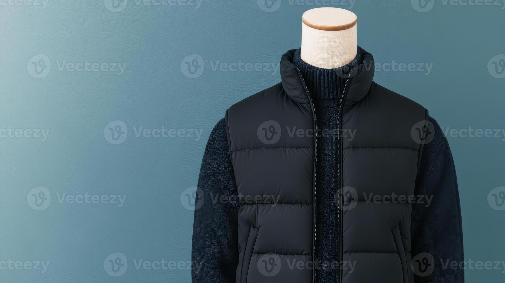Minimalist mannequin displaying a stylish black puffer vest over a dark sweater against a blue backdrop photo