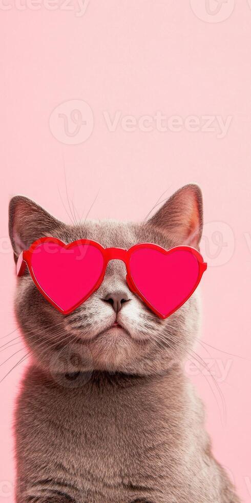 Adorable cat wearing heart shaped sunglasses against pink background expressing playfulness and photo