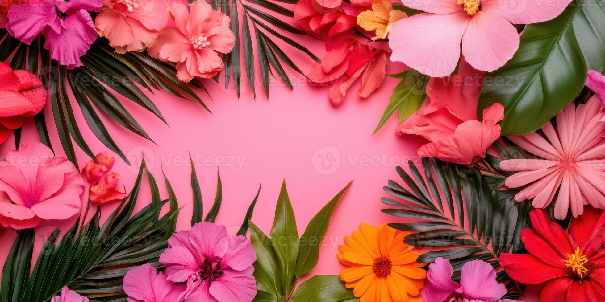 Vibrant tropical floral arrangement with hibiscus and palm leaves on pink background photo
