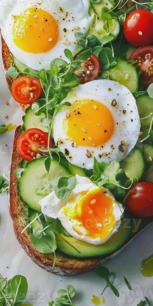 Delicious breakfast with poached eggs on avocado toast, garnished with tomatoes, cucumber, and microgreens photo