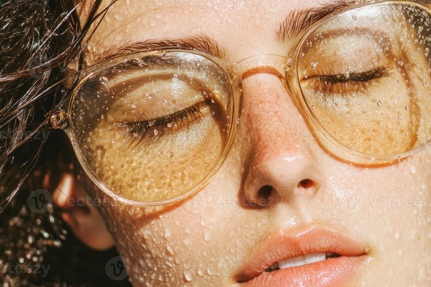 Close up of a woman with wet skin and sunglasses reflecting bright sunlight photo
