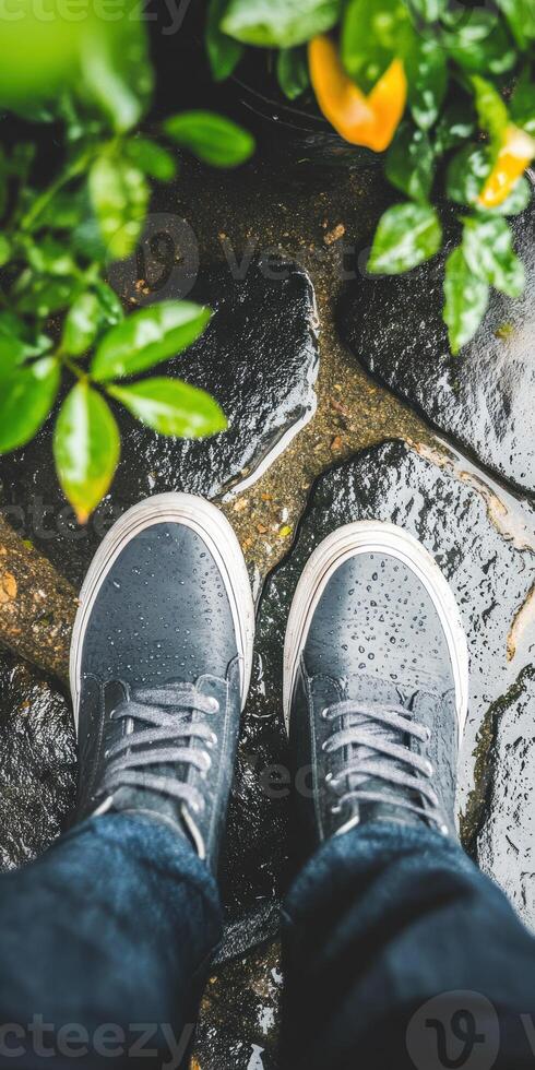 Person wearing sneakers standing on wet stone pathway surrounded by lush greenery and yellow flowers in rainy weather photo
