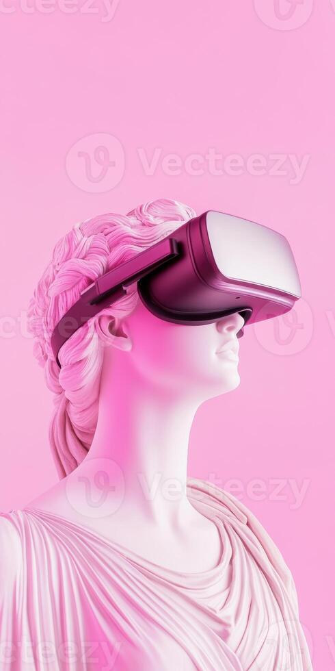 Classical bust with vr headset against pink background symbolizing the blend of tradition and technology photo