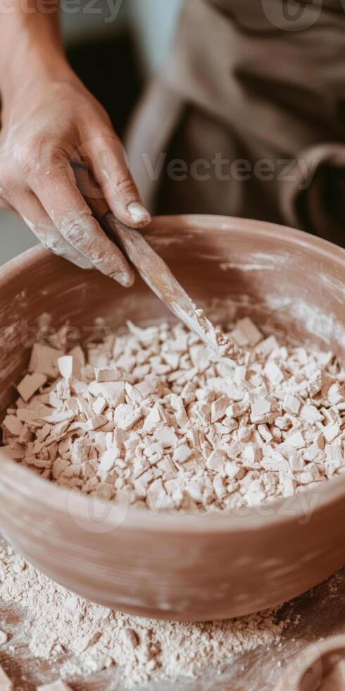 Hands sculpting clay pottery with precision using carving tool in artisan workshop photo
