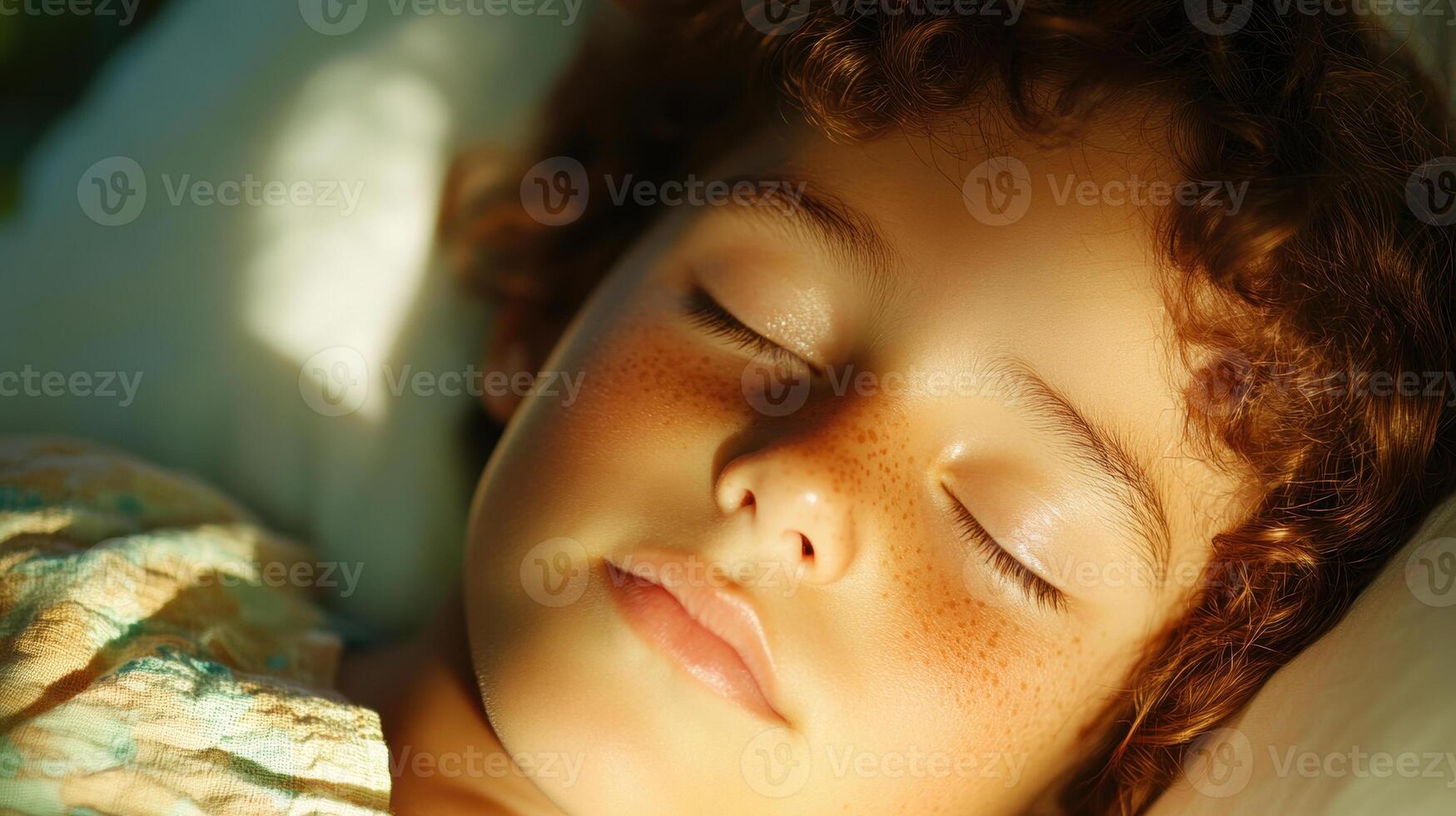 Peaceful child sleeping with sunlight casting warm glow on face in serene environment photo