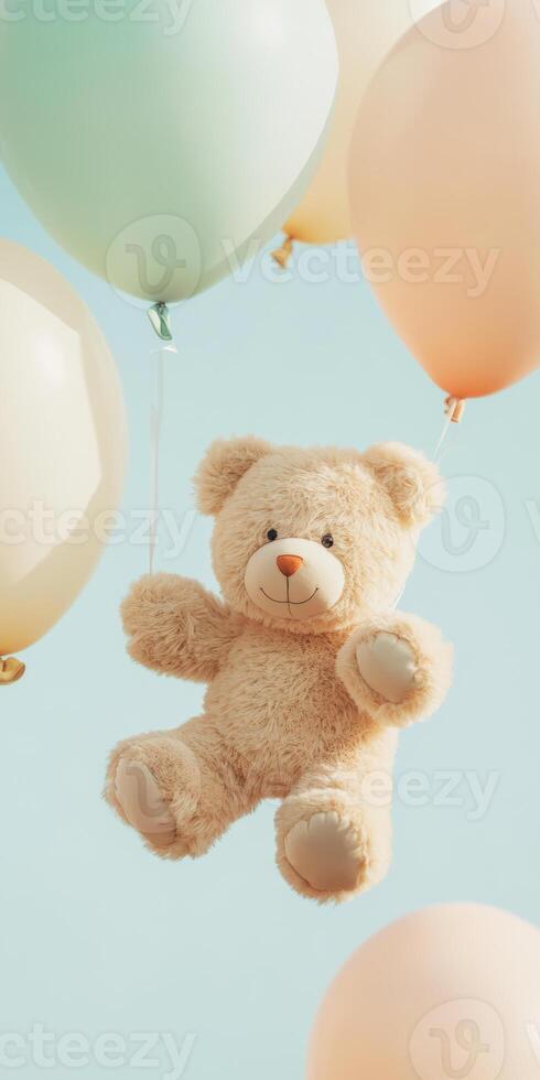 Fluffy plush bear floating with pastel balloons in the sky cheerful childhood whimsy concept photo