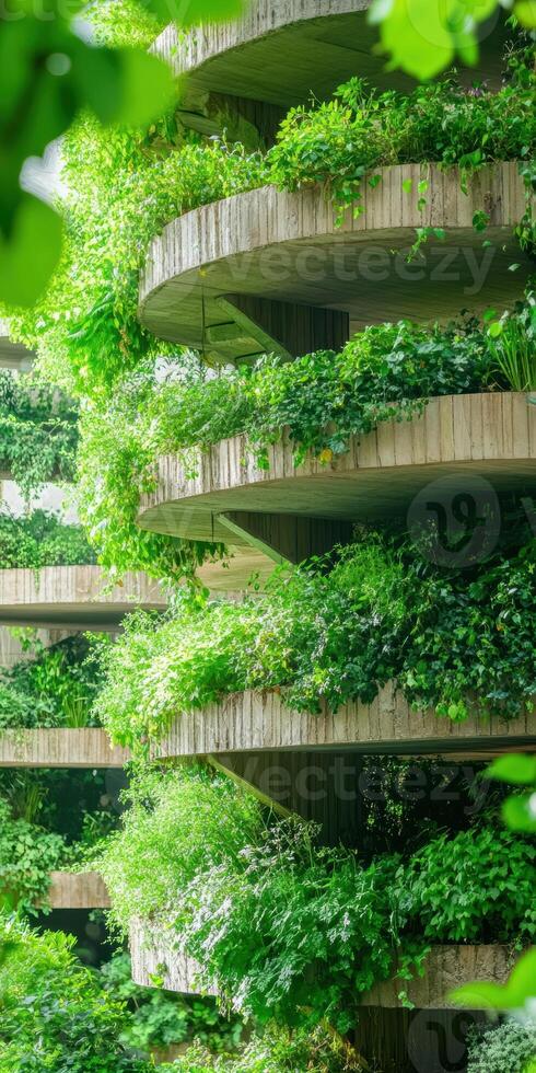 Lush greenery on curved architectural structures emphasizing urban environmental harmony and sustainable design photo