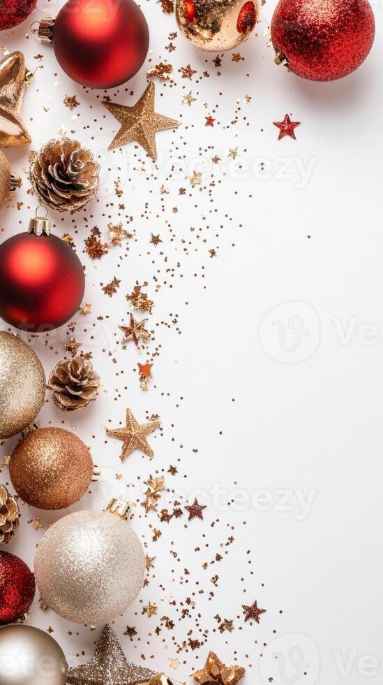 Festive christmas ornament arrangement with glittery stars and pinecones on a white background photo