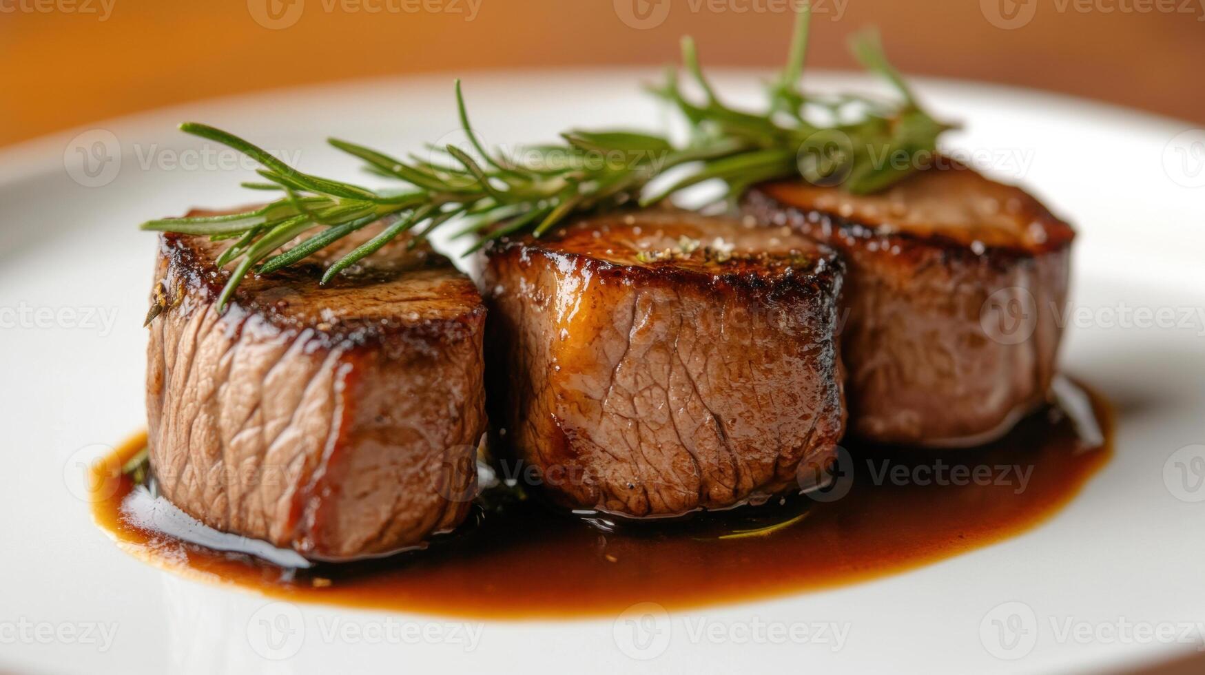 Succulent beef medallions on white plate garnished with fresh rosemary in rich glaze close up photo