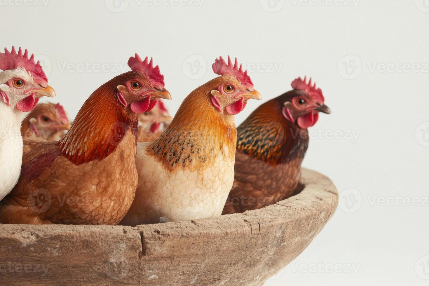 Colorful Chickens Perched Together in Rustic Stone Bowl with Neutral Background photo