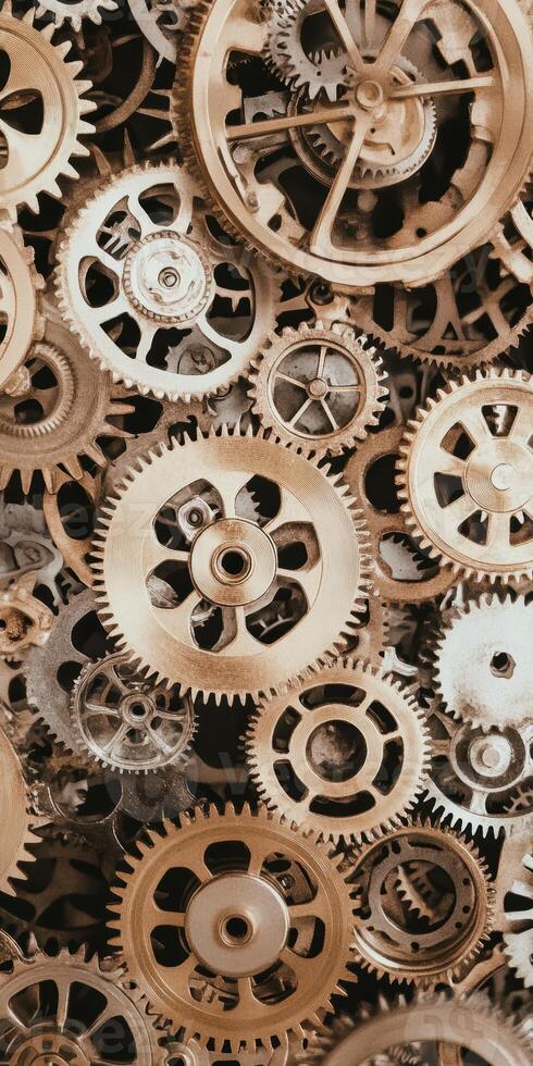 Intricate gears and cogwheels of vintage machinery in steampunk style mechanical backdrop intricate design photo