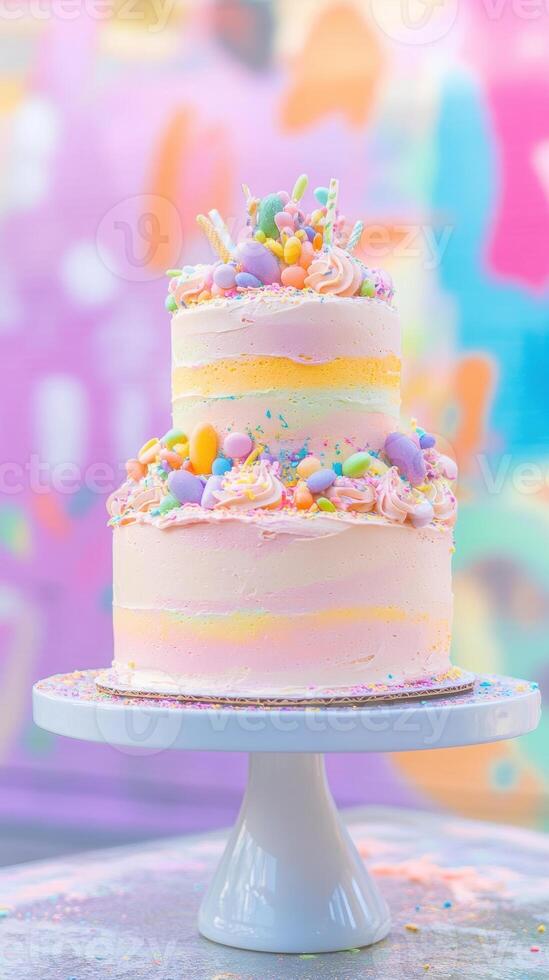 Colorful pastel two tier cake with decorative toppings on a stand against vibrant abstract background photo