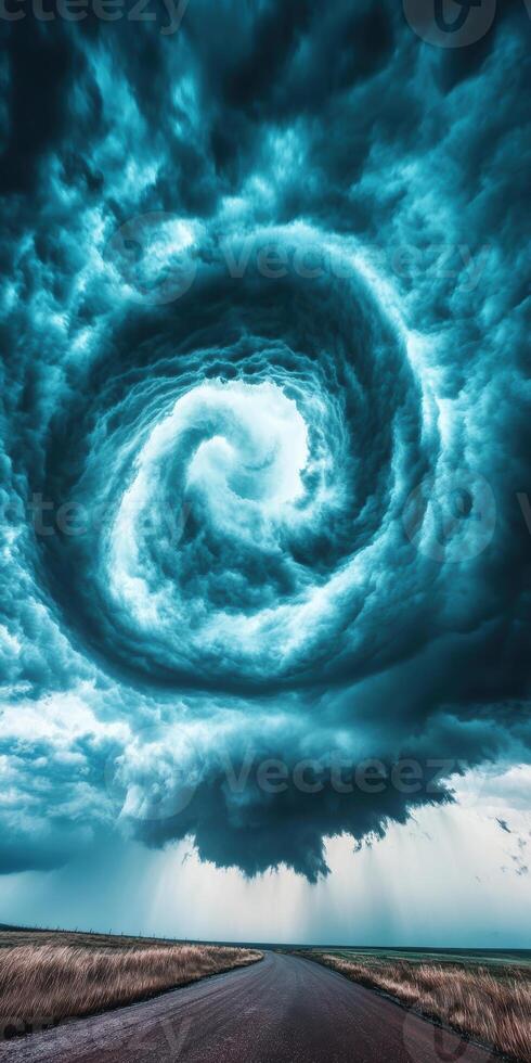 Dramatic Spiral Storm Clouds Over Open Road Amidst Atmospheric Turbulence photo