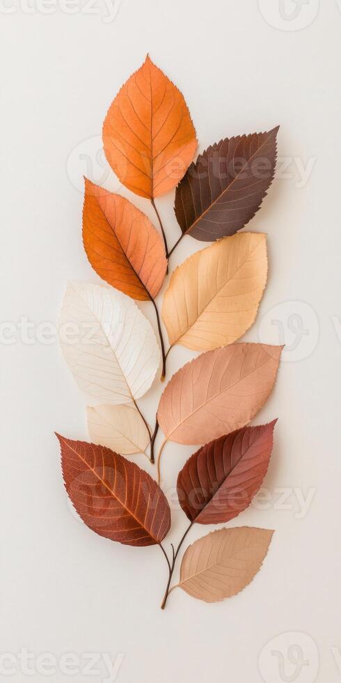 Autumn leaves in gradient arrangement displaying warm tones of brown, orange, and cream on neutral background photo