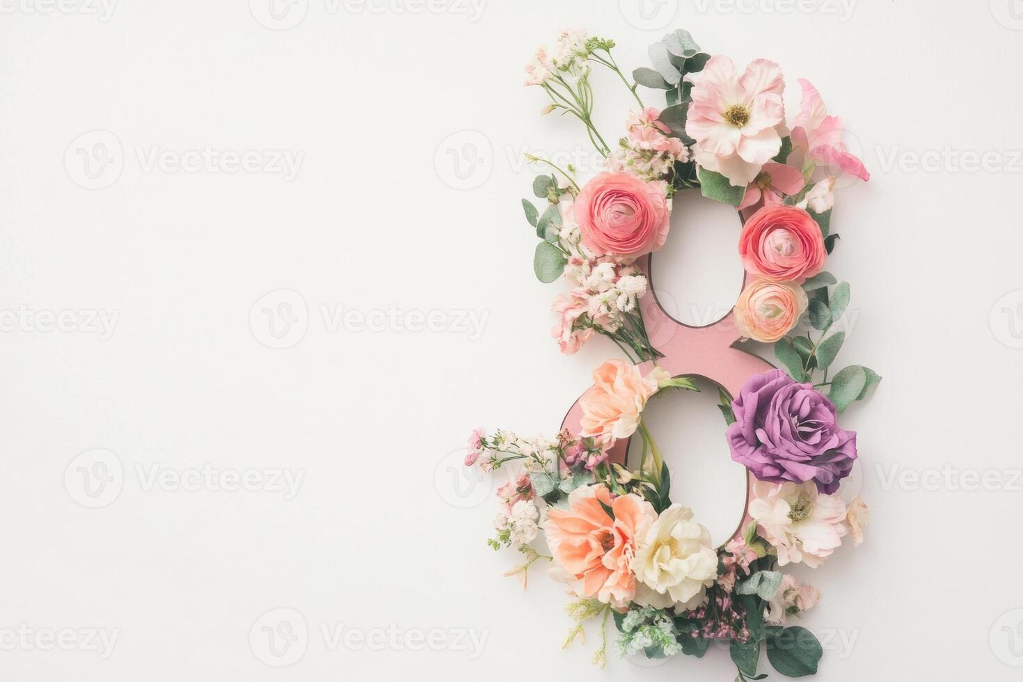 Floral number eight design with pastel flowers and greenery on a light background photo