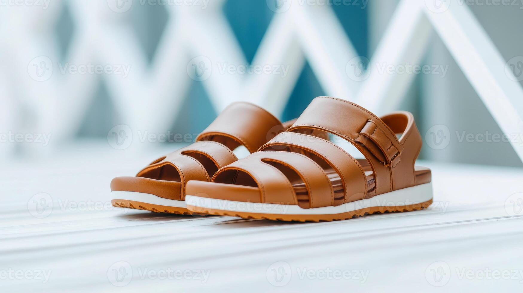 Pair of brown leather sandals with white soles on a light wooden surface photo