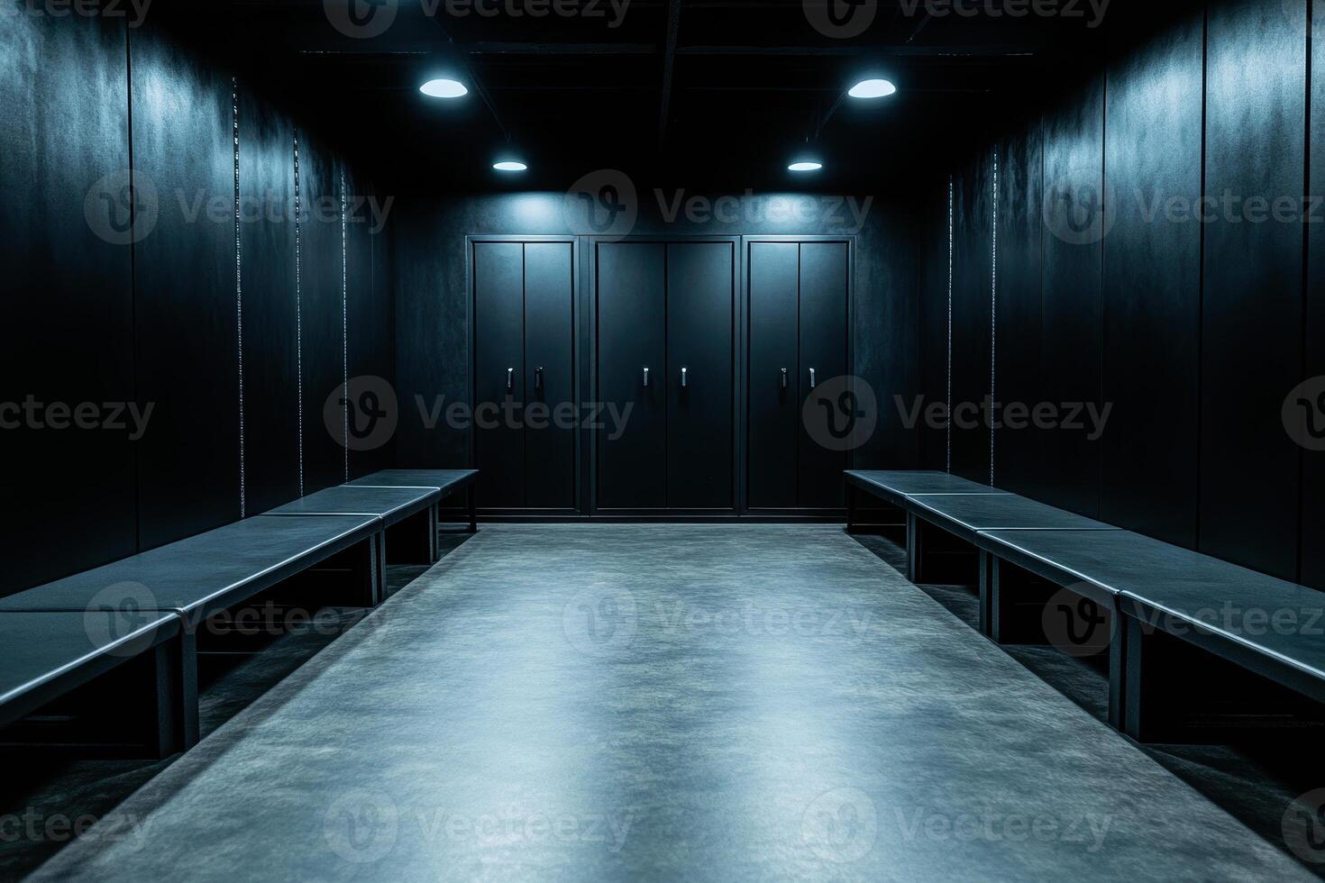 Dimly lit modern locker room with benches and closed cabinets in industrial setting photo