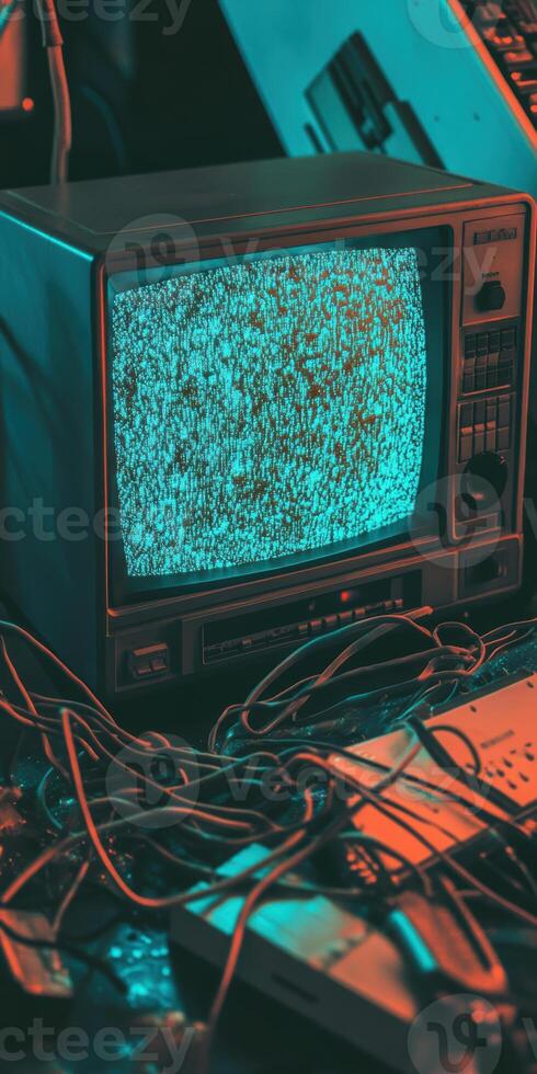 Retro tv set with static displayed in vintage interior decor with tangled cables and electronic gadgets in dim lighting photo