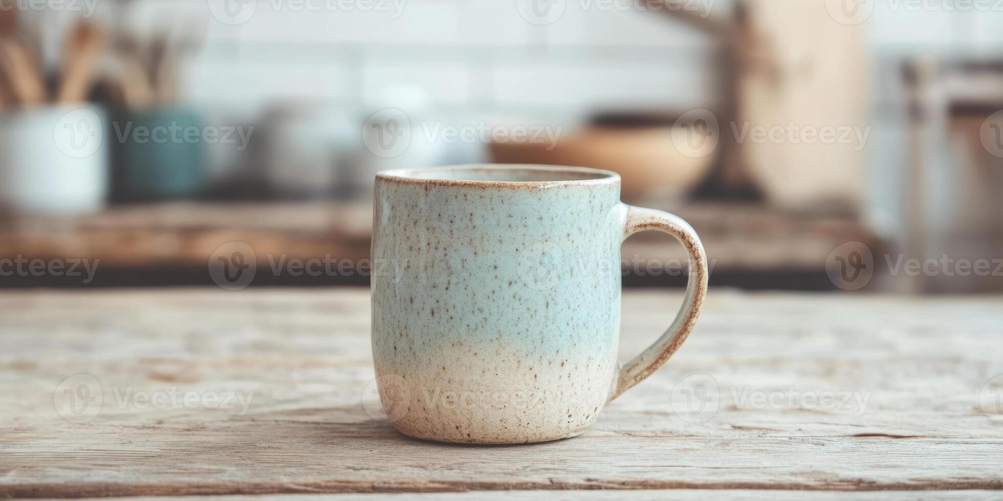 Rustic ceramic mug on wooden table in cozy kitchen setting with soft natural lighting photo