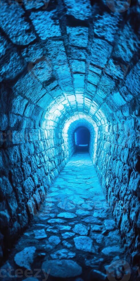Ancient stone tunnel with ambient blue lighting creating a mystical passageway photo