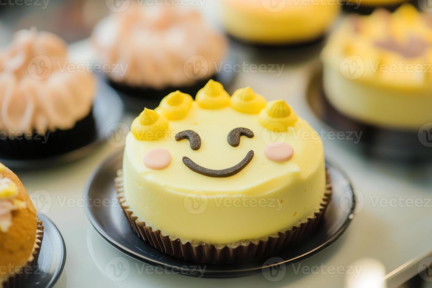 Yellow smile face cake with frosting decorations, surrounded by various pastries on a display plate in a bakery setting photo