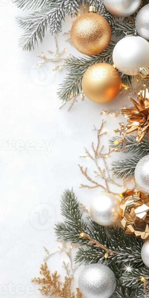 Elegant christmas decoration with gold and silver baubles on evergreen branches photo