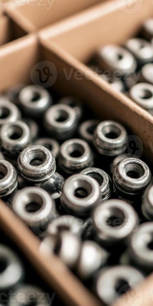 Closeup of metallic industrial components in organized storage containers for manufacturing process photo