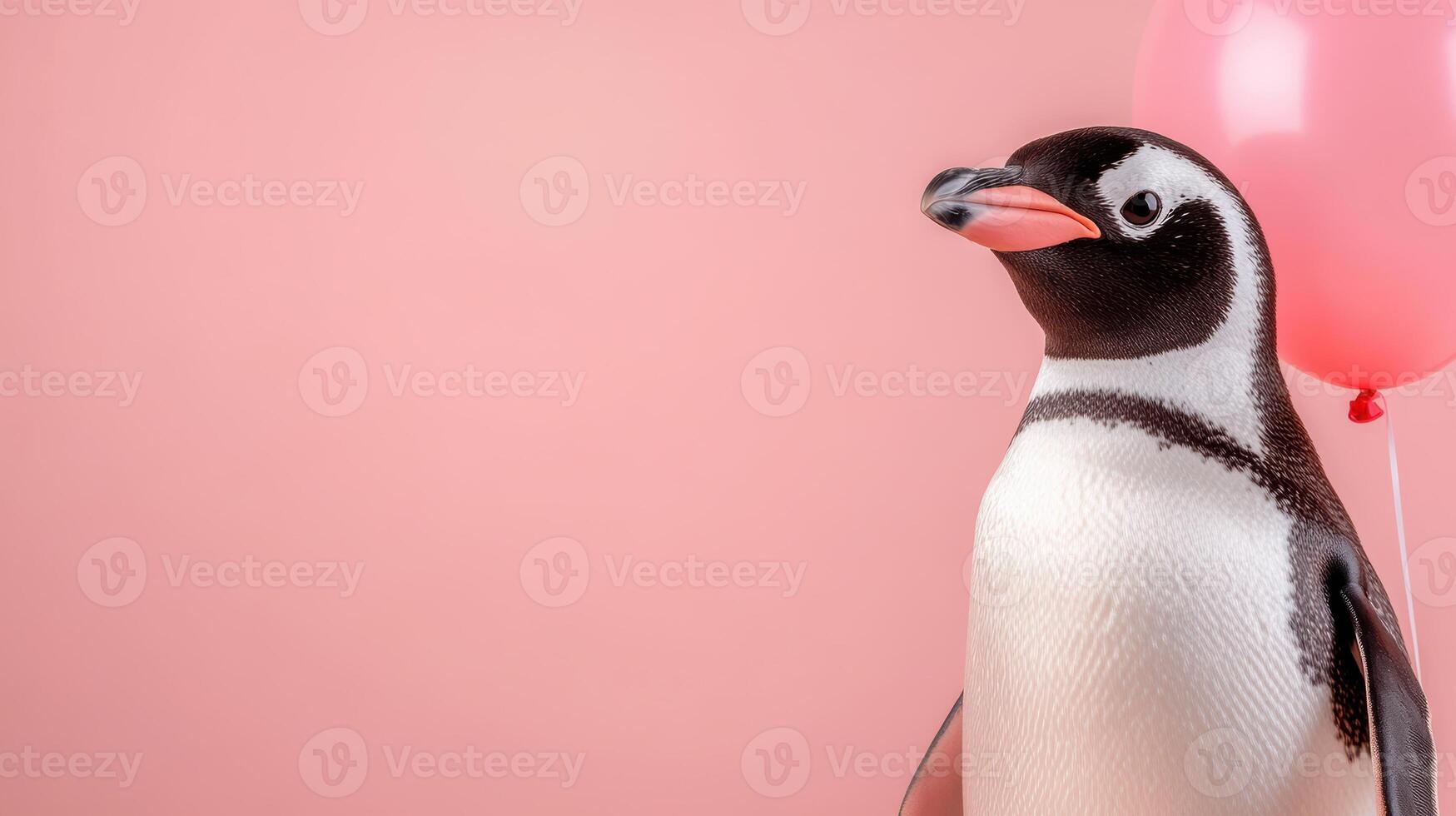 Gentoo penguin posing with a pink balloon against a pastel background photo