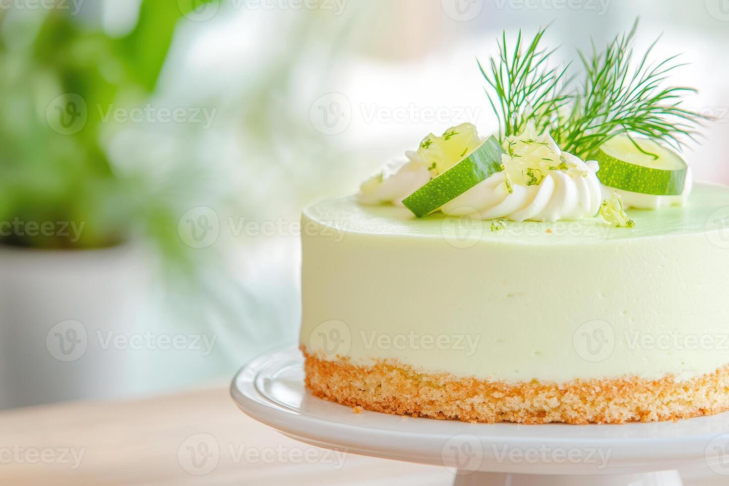Delicious lime cheesecake garnished with fresh dill and lime slices on a cake stand in a bright kitchen setting photo