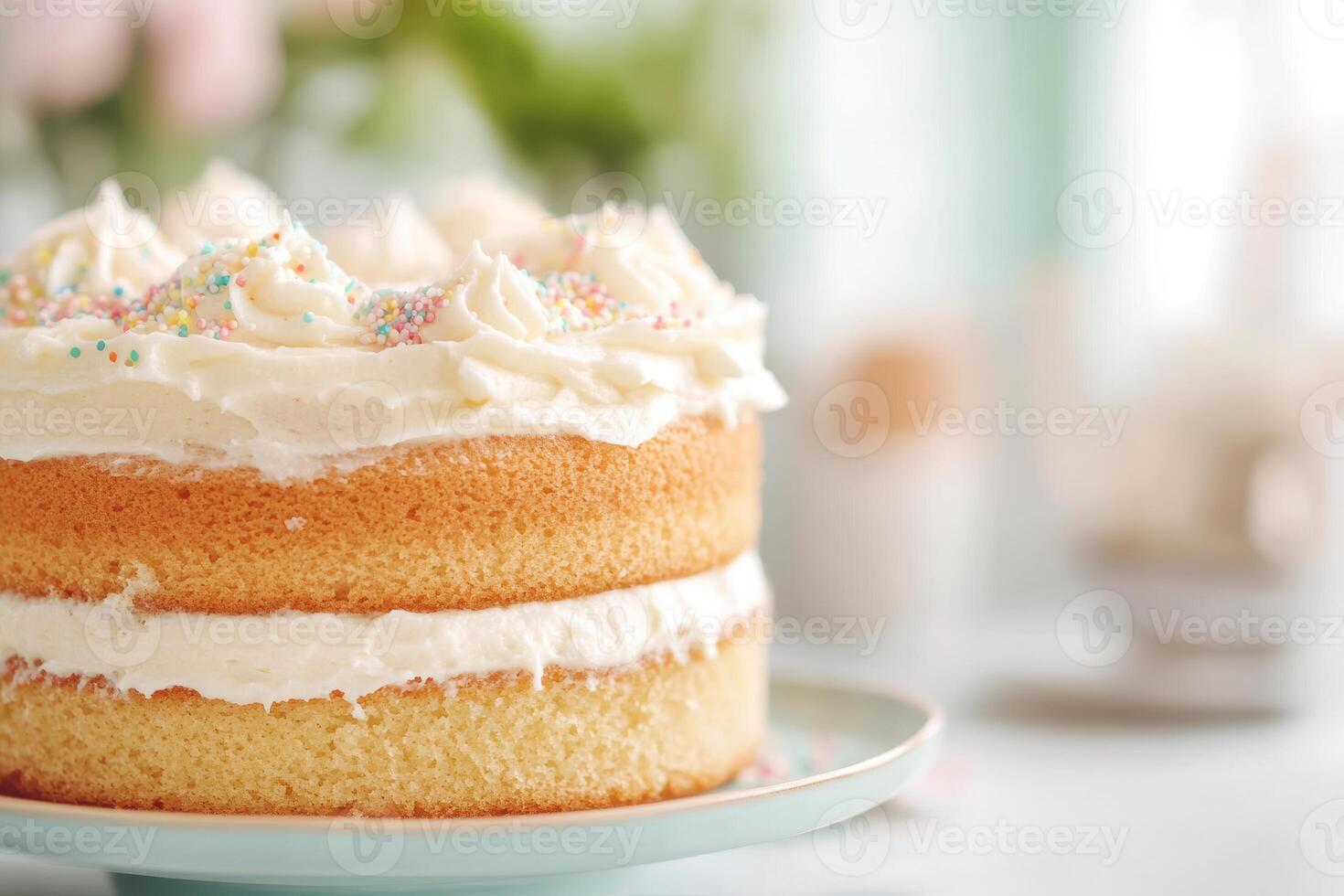 Delicious vanilla layer cake with creamy frosting and colorful sprinkles on a decorative plate in a bright kitchen setting photo