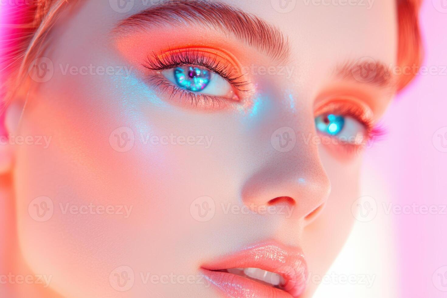 Close up of a woman with vibrant makeup and glowing skin under colorful lighting showcasing artistic expression and beauty photo