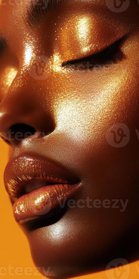 Close up of a woman's face with shimmering metallic makeup in golden light photo