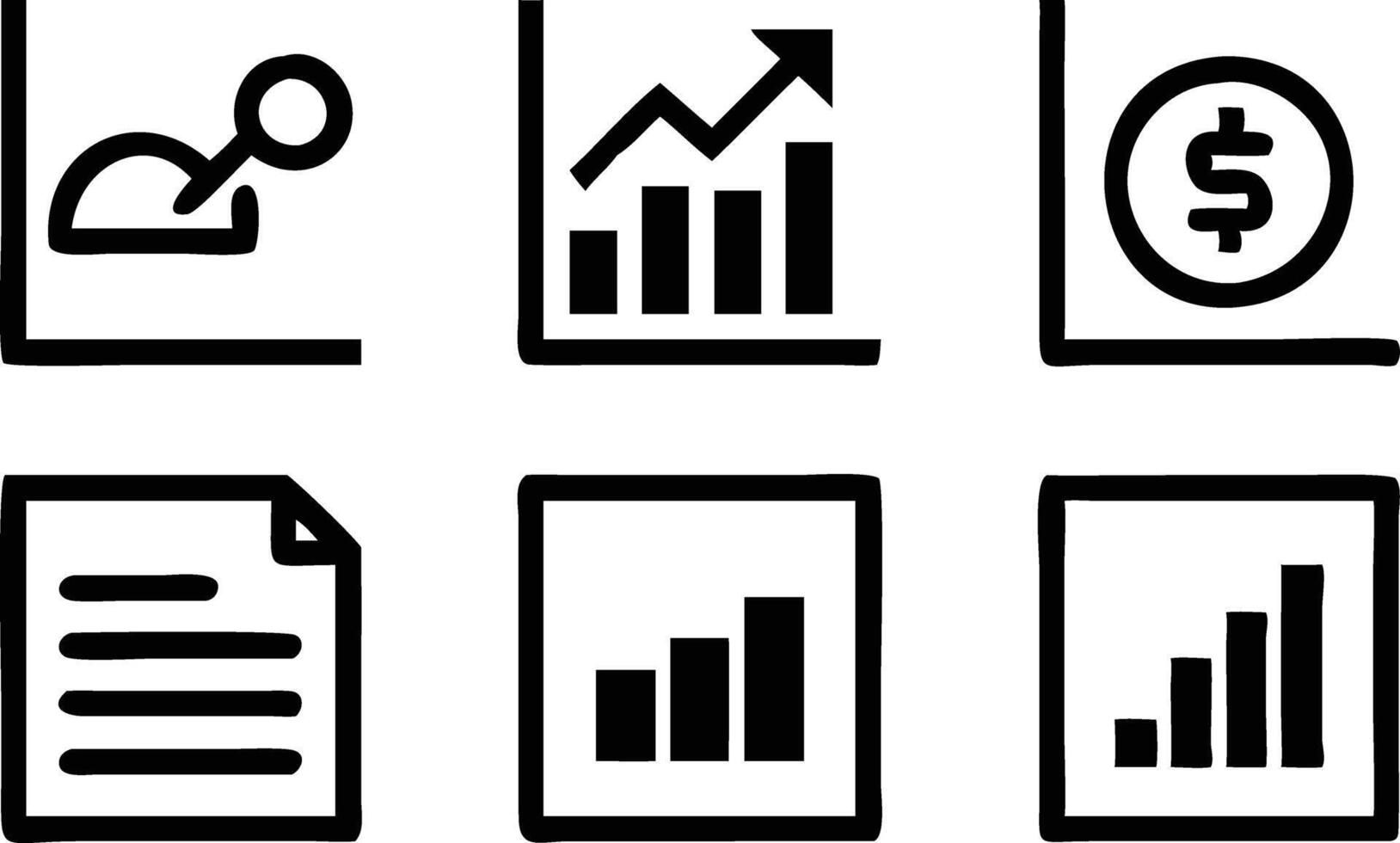 Black Hand Drawn Set of Statistics, Reports, and Business Analysis Icons on White vector