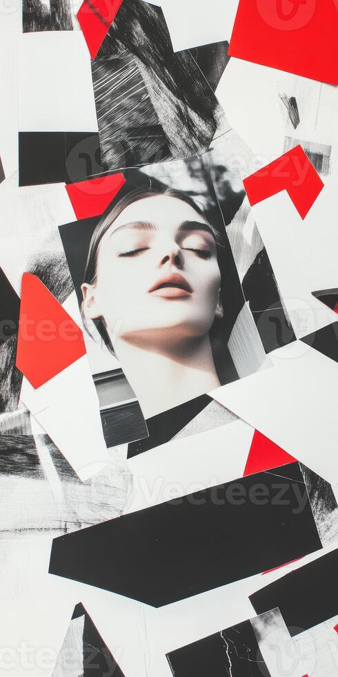 Abstract Collage with Red and Black Geometric Shapes and Woman's Portrait photo