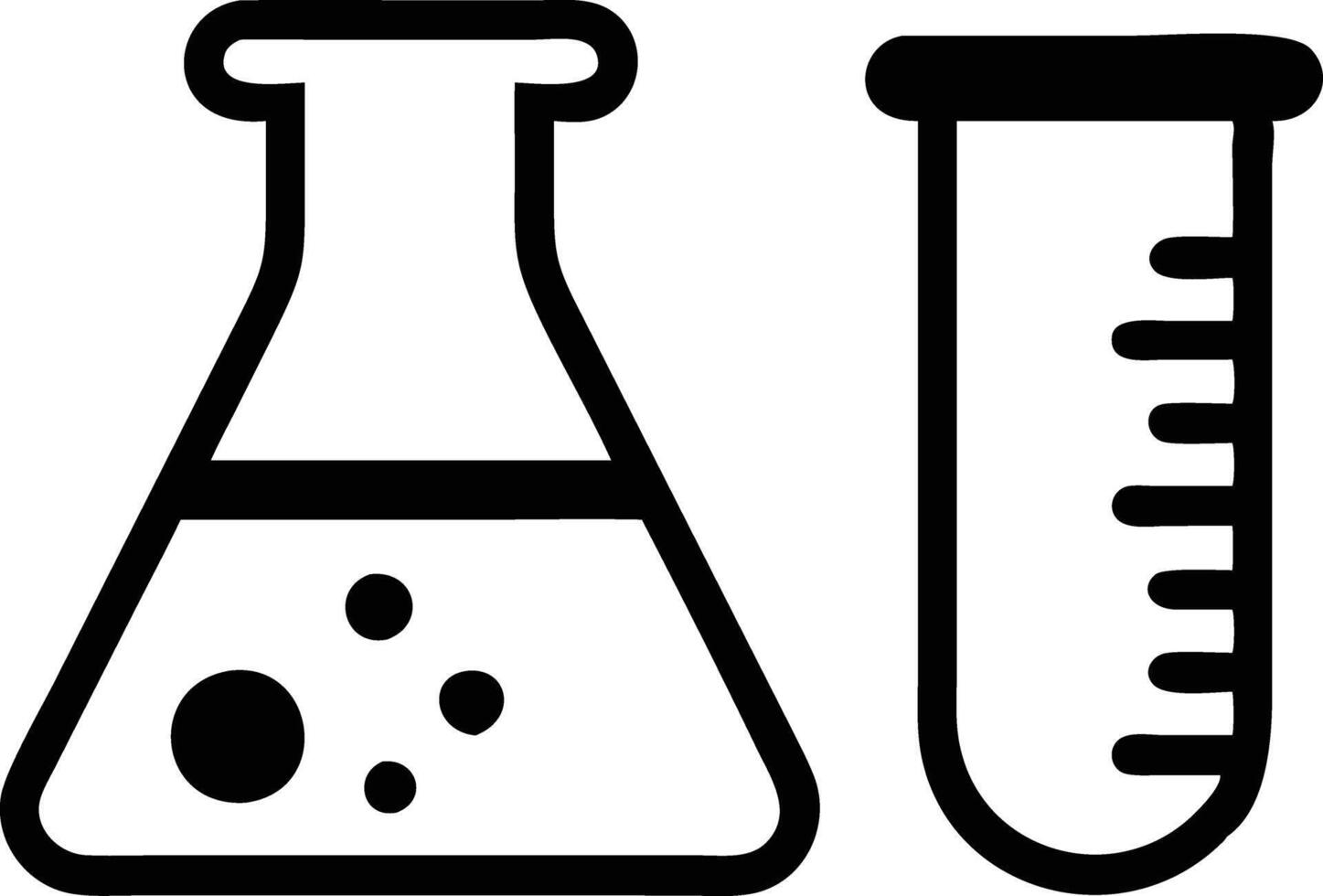 Black Outline Lab Equipment, Chemistry Beaker and Measuring Test Tube on White vector