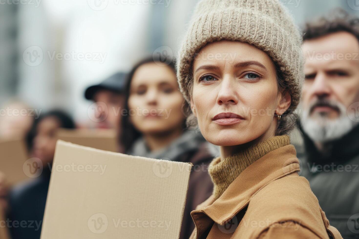 Diverse group protesting peacefully with cardboard signs in urban setting photo