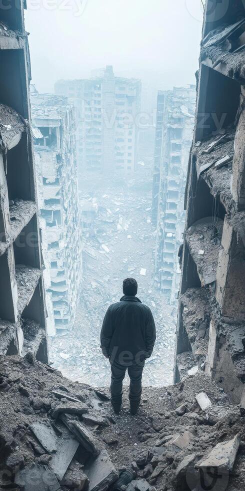 Man in dark jacket overlooking urban ruins post apocalyptic scene with abandoned buildings and debris photo