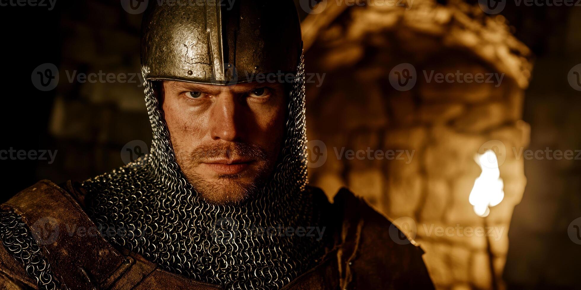 Medieval knight in chainmail and helmet stands resolute in a dimly lit stone fortress with torch lit walls photo
