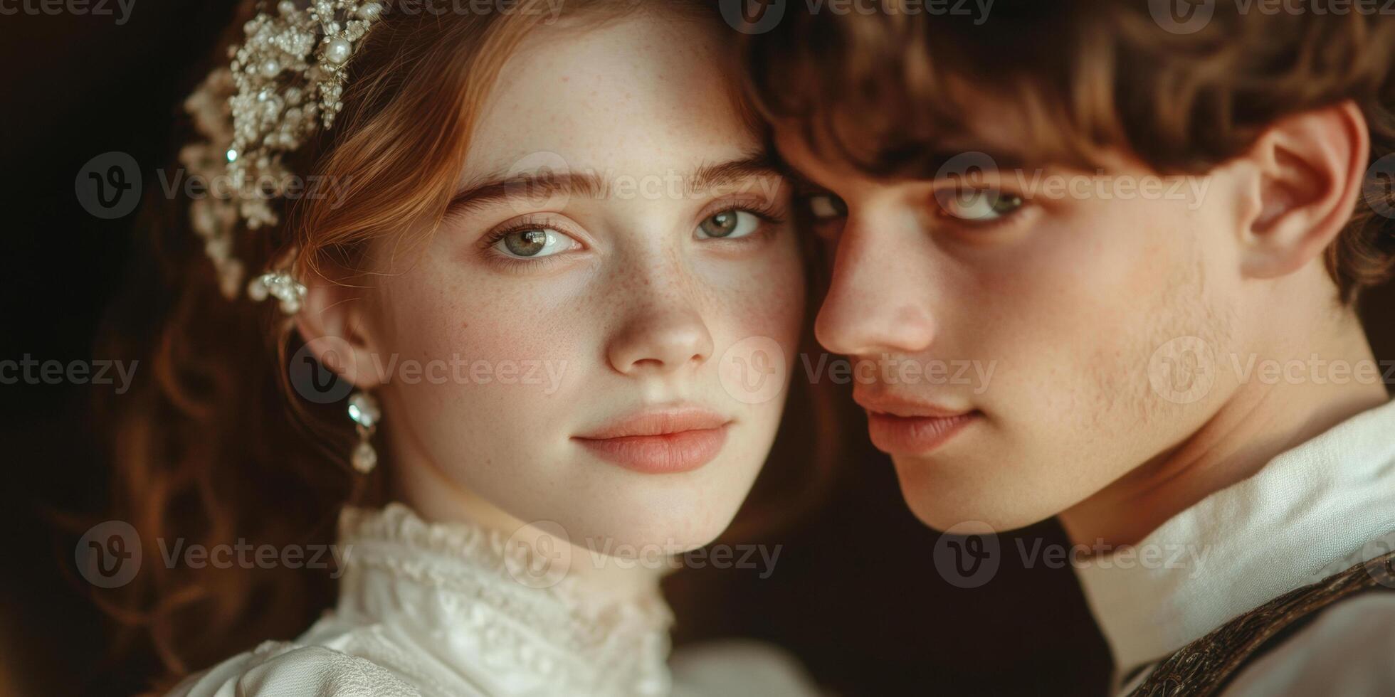 Romantic close up of young couple in vintage attire with elegant accessories and intense gazes photo