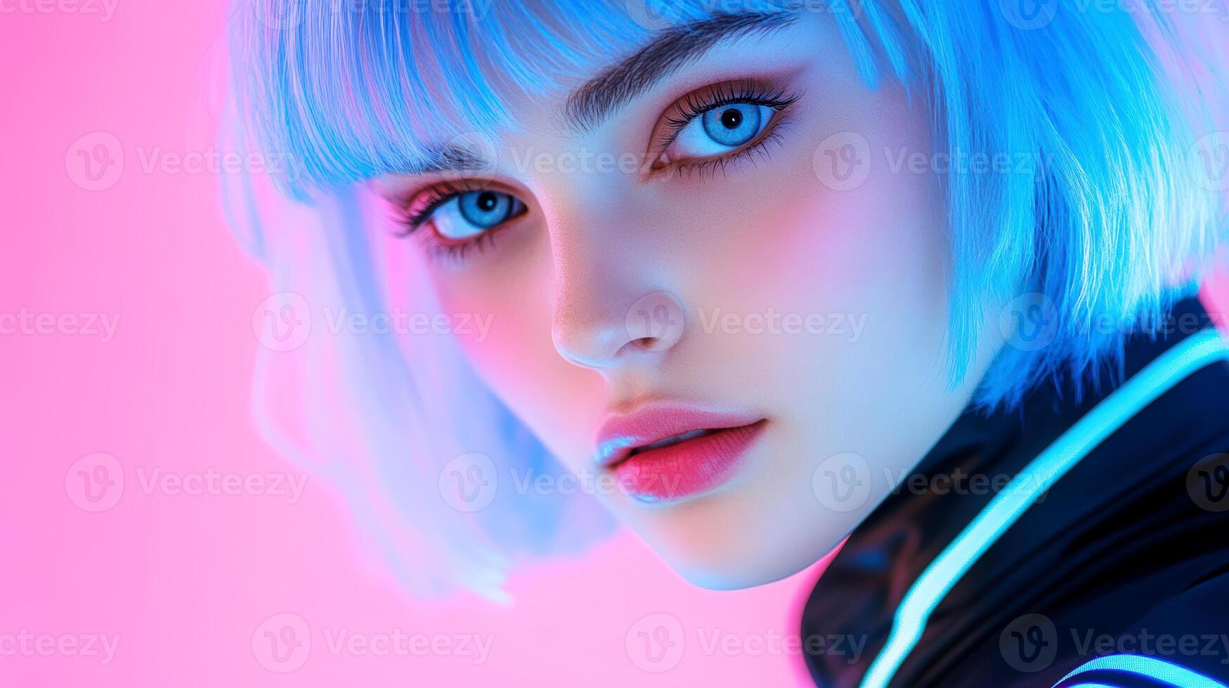 Futuristic portrait of a woman with vibrant blue hair and intense stare in neon lighting photo