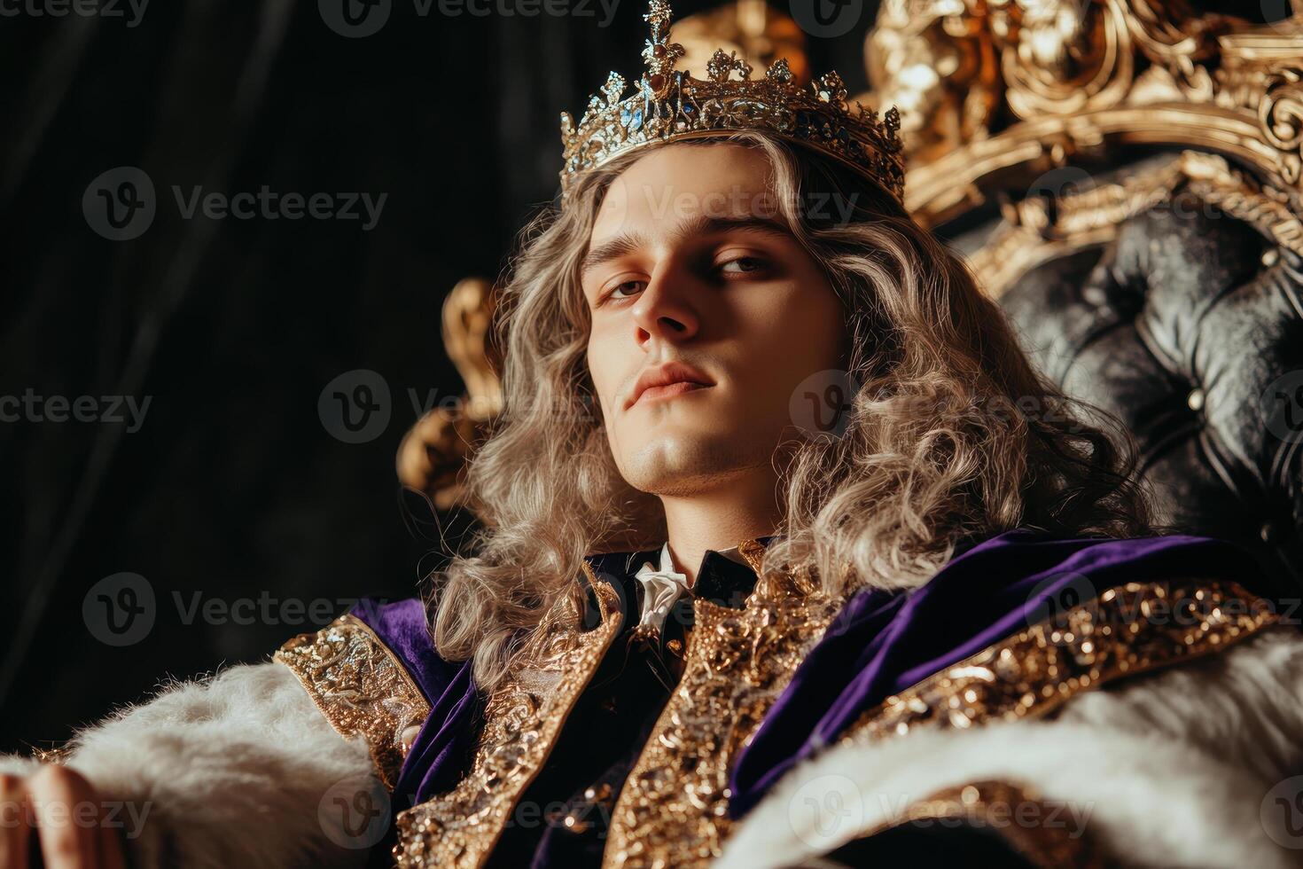 Regal nobleman in ornate royal attire seated on an elaborate throne with golden crown and luxurious fabrics photo