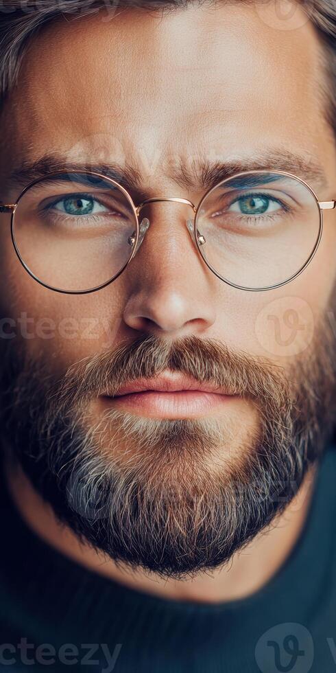 Close up portrait of a young Caucasian man with a beard and glasses, intense gaze, confident expression photo