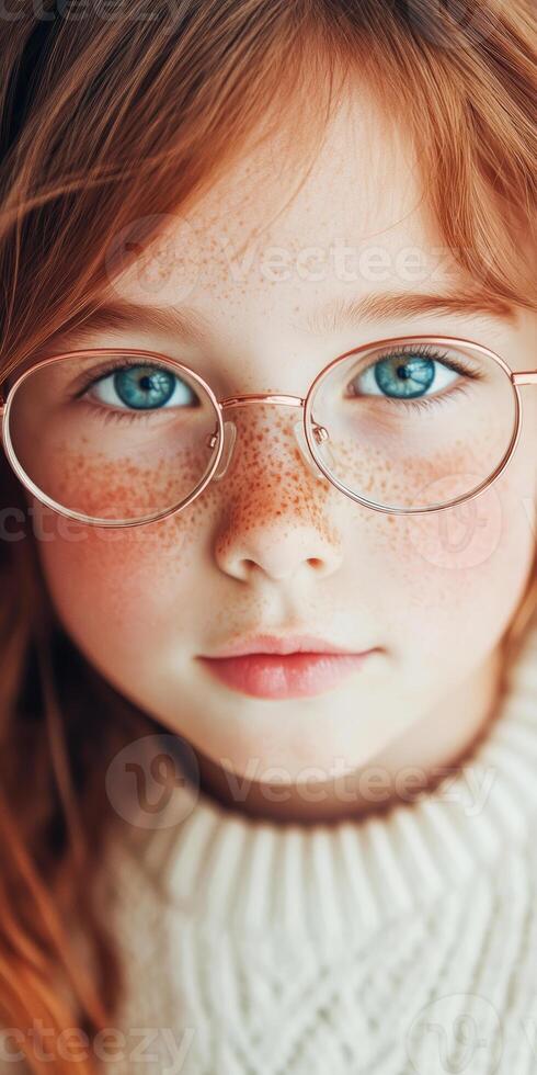 Close up portrait of young Caucasian girl with freckles and round glasses, wearing a cozy sweater, staring intently photo